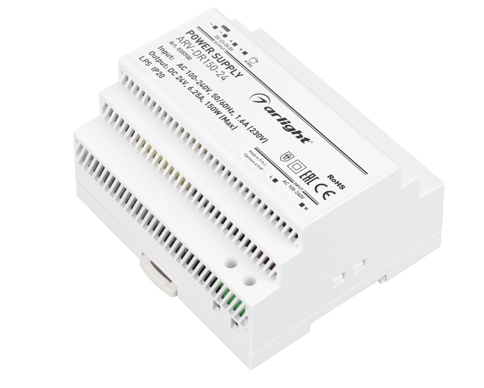 Блок питания ARV-DR150-24 (24V, 6.25A, 150W) (Arlight, IP20 DIN-рейка)