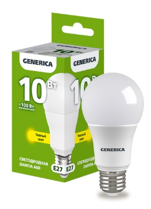 Лампа светодиодная A60 груша 10Вт 230В 3000К E27 GENERICA