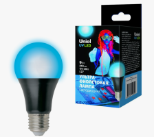 LED-A60-9W/UVAD/E27/FR PLZO7Bk Лампа светодиодная ультрафиолетовая для дискотек. Спектр UVA 410нм Uniel