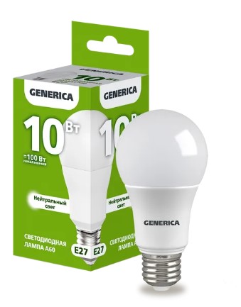 Лампа светодиодная A60 груша 10Вт 230В 4000К E27 GENERICA