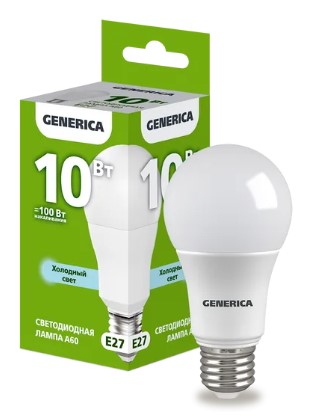 Лампа светодиодная A60 груша 10Вт 230В 6500К E27 GENERICA
