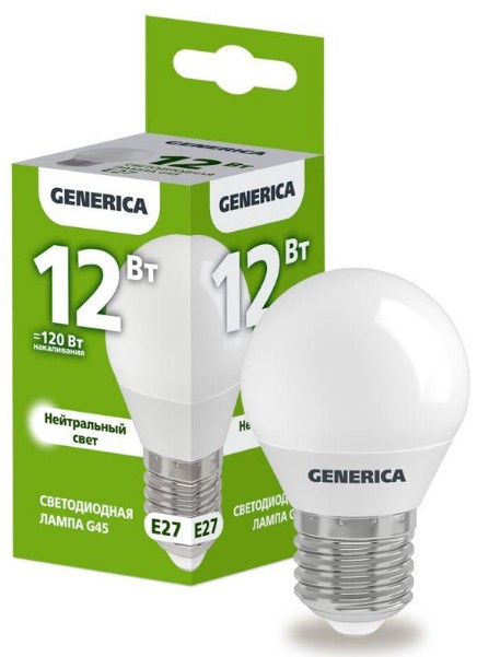 Лампа светодиодная G45 шар 12Вт 230В 4000К E27 GENERICA