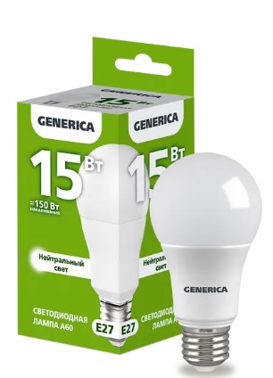 Лампа светодиодная A60 груша 15Вт 230В 4000К E27 GENERICA