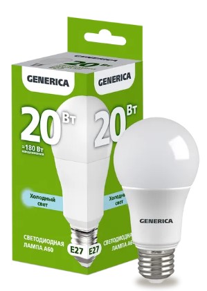 Лампа светодиодная A60 груша 20Вт 230В 6500К E27 GENERICA