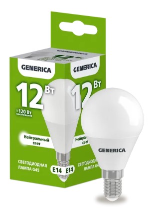 Лампа светодиодная G45 шар 12Вт 230В 4000К E14 GENERICA