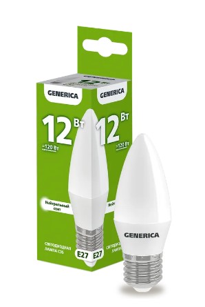 Лампа светодиодная C35 свеча 12Вт 230В 4000К E27 GENERICA