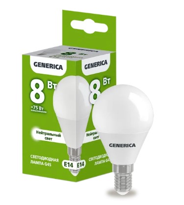 Лампа светодиодная G45 шар 8Вт 230В 4000К E14 GENERICA